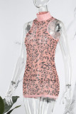 Sexy Print See-through Turtleneck Sleeveless Dress Dresses