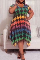 Casual Print Asymmetrical O Neck Short Sleeve Dress Plus Size Dresses