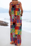 Casual Printed Stitching Halter Strap Wide-leg Jumpsuit
