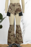Casual Camouflage Print Patchwork Skinny Mid Waist Conventional Full Print Shorts