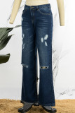 Casual Solid Ripped Patchwork Mid Waist Regular Denim Jeans