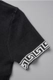 Sweet Geometric Patchwork O Neck Short Sleeve Two Pieces