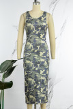 Sexy Casual Camouflage Print Basic O Neck One Step Skirt Dresses