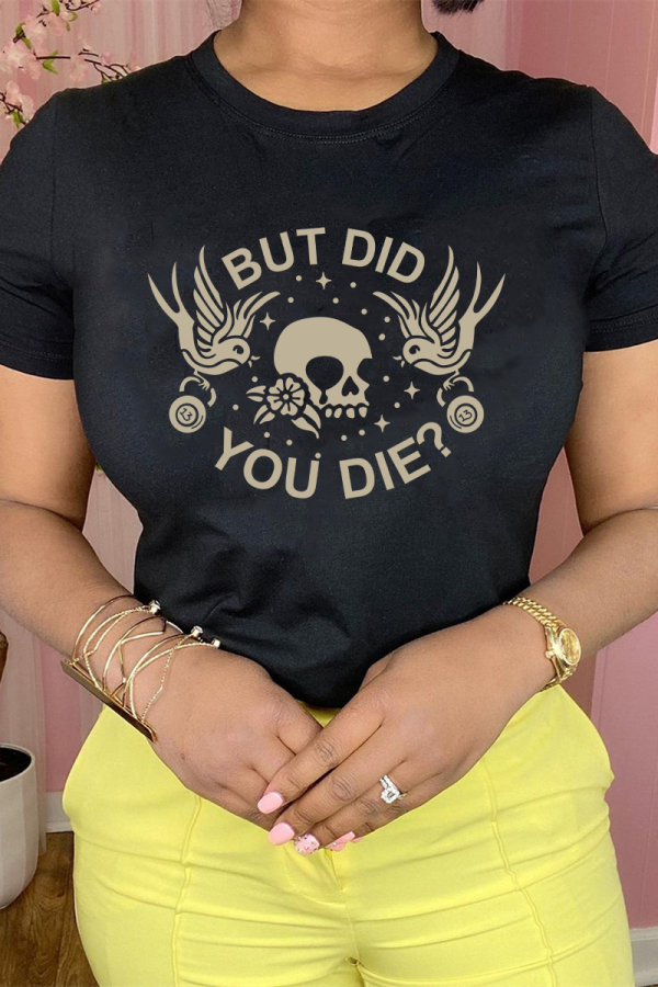 Daily Simplicity Print Patchwork Skull O Neck T-Shirts