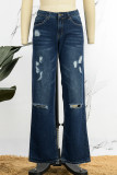 Casual Solid Ripped Patchwork Mid Waist Regular Denim Jeans