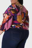 Casual Print Patchwork O Neck Plus Size Tops