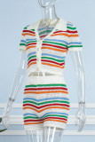 Casual Striped Patchwork V Neck Short Sleeve Two Pieces
