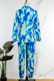Sexy Casual Work Elegant Tie Dye Patchwork Buttons Slit Turn-back Collar Long Sleeve Two Pieces