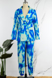 Sexy Casual Work Elegant Tie Dye Patchwork Buttons Slit Turn-back Collar Long Sleeve Two Pieces