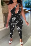 Sexy Print Backless Oblique Collar Skinny Jumpsuits
