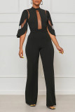 Sexy Solid Patchwork See-through O Neck Jumpsuits