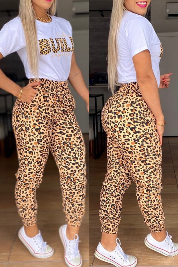Casual Print Leopard O Neck Short Sleeve Two Pieces