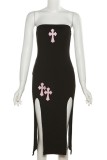 Sexy Solid Embroidered Backless Slit Strapless Dress Dresses