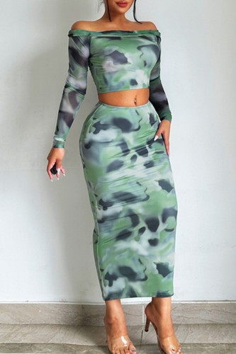 Casual Tie-dye Printed Long Sleeved Top And Skirt Two-piece Set