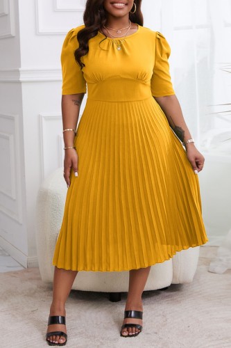 Casual Solid Pleated O Neck Short Sleeve Dress