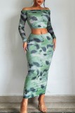 Casual Tie-dye Printed Long Sleeved Top And Skirt Two-piece Set