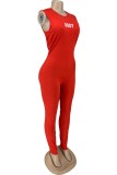Casual Solid Letter O Neck Skinny Jumpsuits