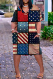 Casual Flag Stars Print V Neck Short Sleeve African Loose Straight Midi Dress