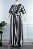 Casual Striped Print Bandage O Neck Short Sleeve Dress Plus Size Two Pieces