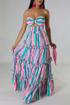 Sexy Striped Print Hollowed Out Patchwork Strapless Sleeveless Two Pieces