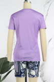 Casual Print Patchwork Pocket O Neck Short Sleeve Two Pieces