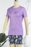 Casual Print Patchwork Pocket O Neck Short Sleeve Two Pieces