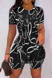 Casual Print Slit O Neck Short Sleeve Two Pieces