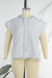 Casual Simplicity Solid Draw String Slit Hooded Collar Tops