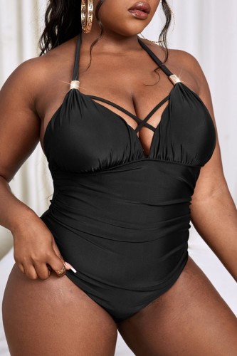 Sexy Solid Bandage Backless Halter Plus Size Swimwear (With Paddings)
