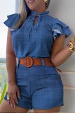 Casual Print Solid Patchwork With Belt O Neck Short Sleeve Two Pieces