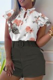 Casual Print Solid Patchwork With Belt O Neck Short Sleeve Two Pieces
