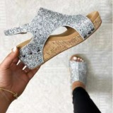Casual Hollowed Out Sequins Patchwork Fish Mouth Out Door Wedges Shoes