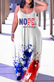 Casual Flag Stars Letter Print Backless Floor Length Straight Loose Cami Maxi Dresses