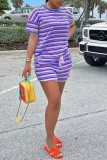 Casual Striped Print Basic O Neck Short Sleeve Two Pieces