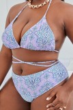 Sexy Print Bandage Backless Halter Plus Size Swimsuit Three Piece Set (With Paddings)