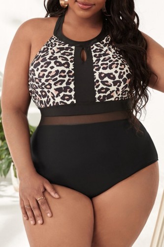 Sexy Print Leopard Patchwork Backless O Neck Plus Size Swimwear (With Paddings)