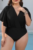 Sexy Solid Patchwork V Neck Plus Size Swimwear (With Paddings)