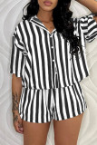Casual Striped Print Patchwork Turndown Collar Short Sleeve Two Pieces
