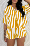 Casual Striped Print Patchwork Turndown Collar Short Sleeve Two Pieces