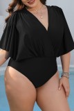 Sexy Solid Patchwork V Neck Plus Size Swimwear (With Paddings)