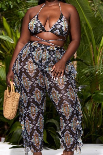 Sexy Print Bandage Backless Halter Plus Size Swimsuit Three Piece Set (With Paddings)