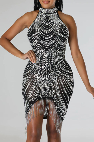 Sexy Patchwork Hot Drilling Tassel Half A Turtleneck Sleeveless Dress Dresses