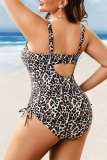 Sexy Print Leopard Backless U Neck Plus Size Swimwear (With Paddings)