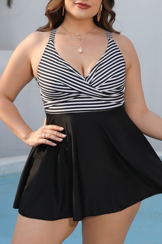 Sexy Striped Print Patchwork Backless V Neck Plus Size Swimwear (With Paddings)