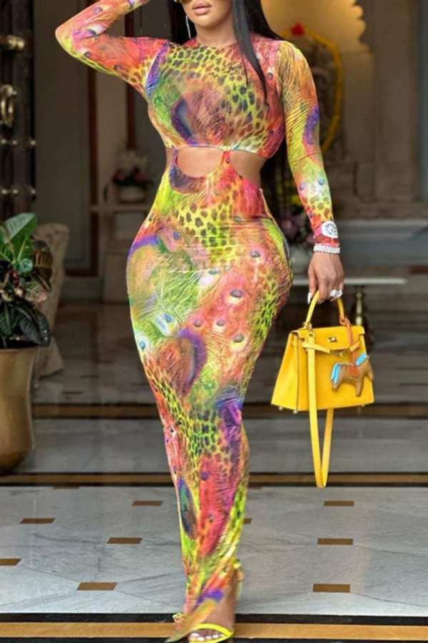 Sexy Print Hollowed Out O Neck Long Sleeve Dresses