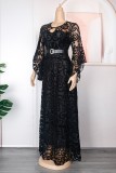 Casual Patchwork Hollowed Out See-through O Neck Long Dress Plus Size Dresses