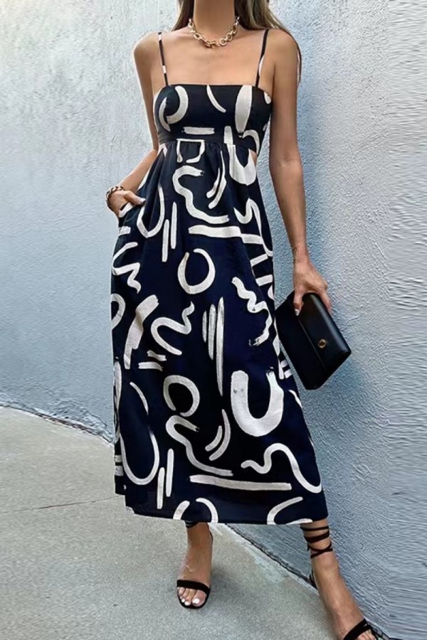 Sexy Casual Print Hollowed Out Backless Spaghetti Strap Long Dress Dresses