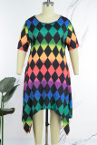 Casual Print Asymmetrical O Neck Short Sleeve Dress Plus Size Dresses