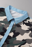 Casual Camouflage Print Patchwork Buttons Flounce POLO collar Shirt Dress Plus Size Dresses