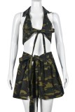 Sexy Casual Camouflage Print Bandage Backless Halter Sleeveless Two Pieces